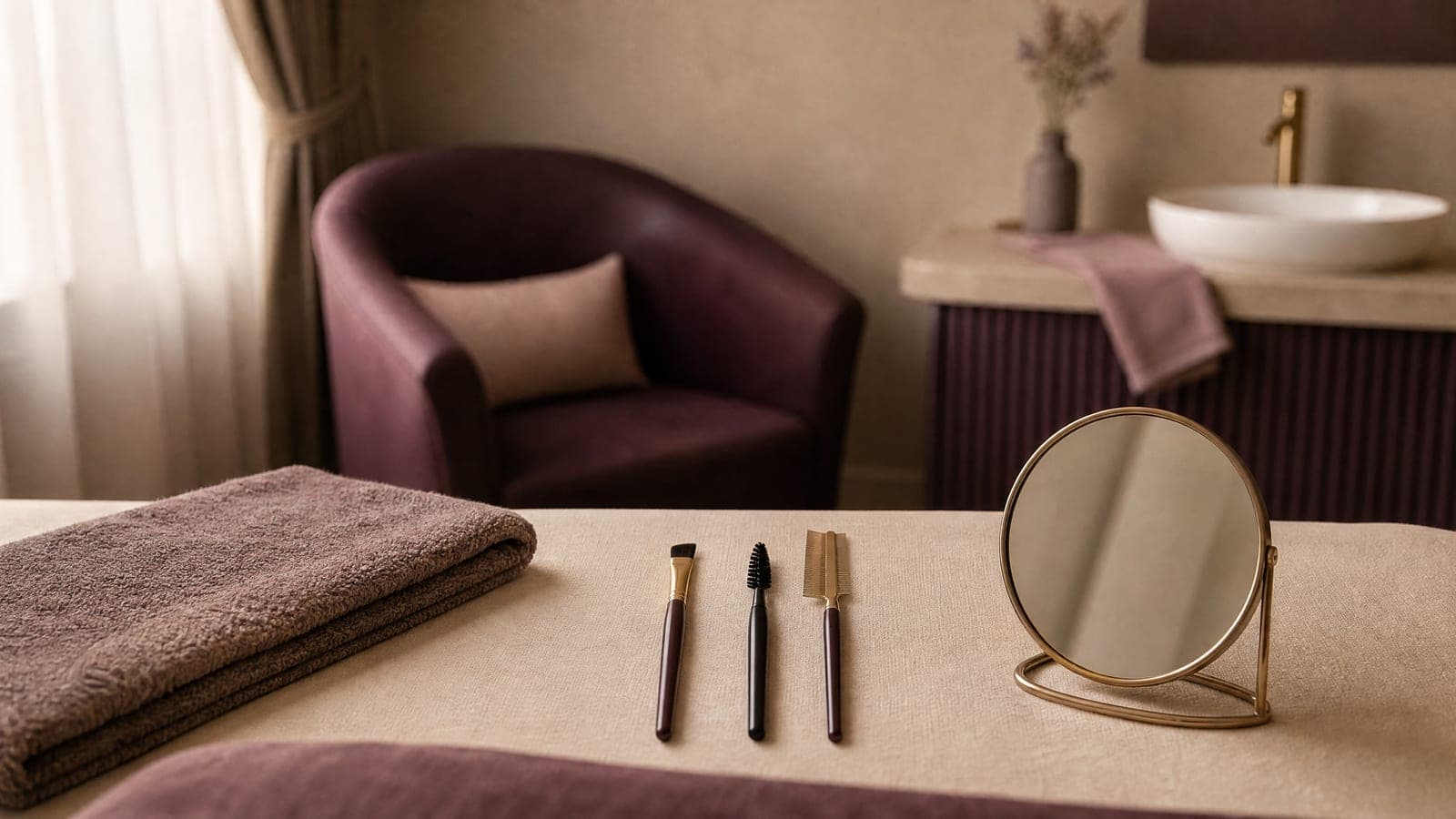 Brow grooming tools arranged neatly on a warm sand surface
