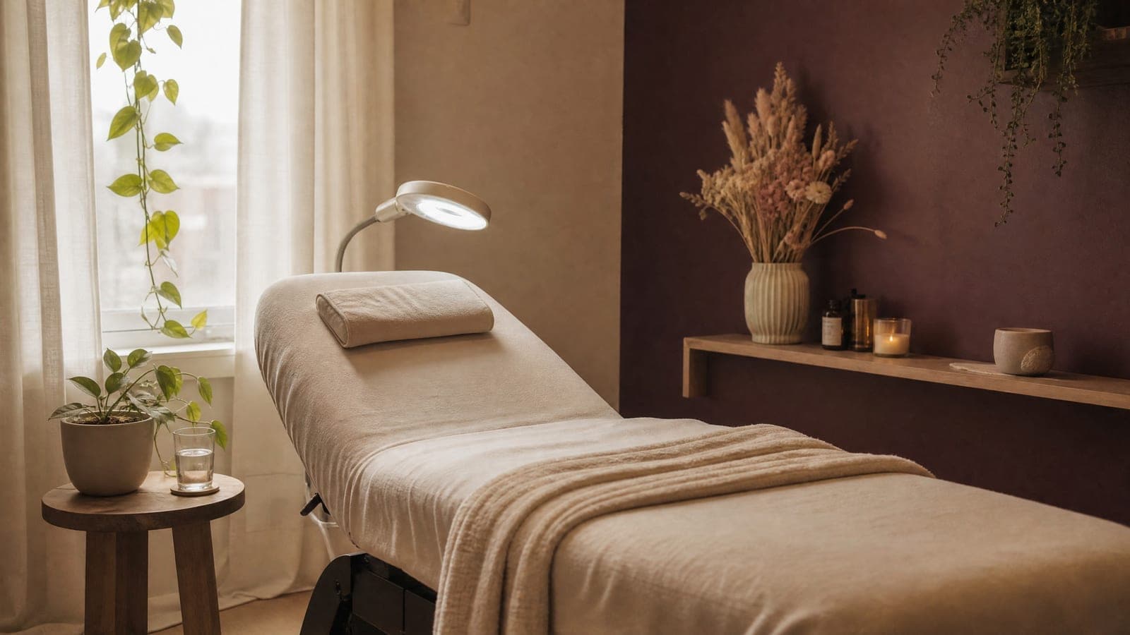 A calm treatment room with a made-up treatment bed in soft daylight