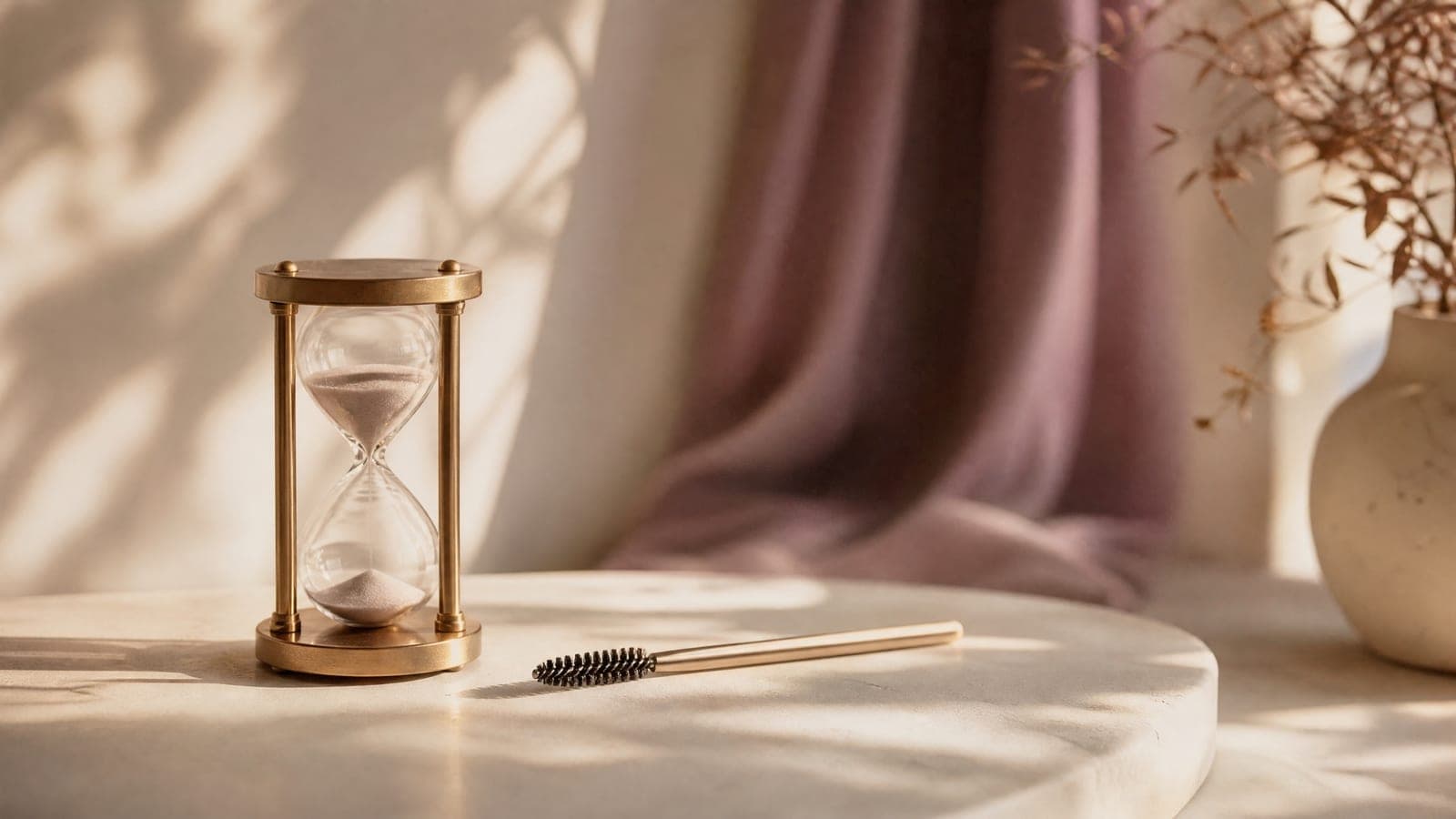 A small calendar and a spoolie brush on a cream surface