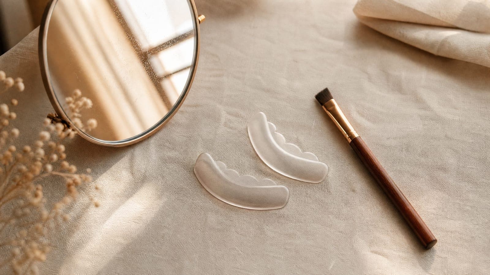 Lash and brow tools side by side on a cream cloth in soft daylight