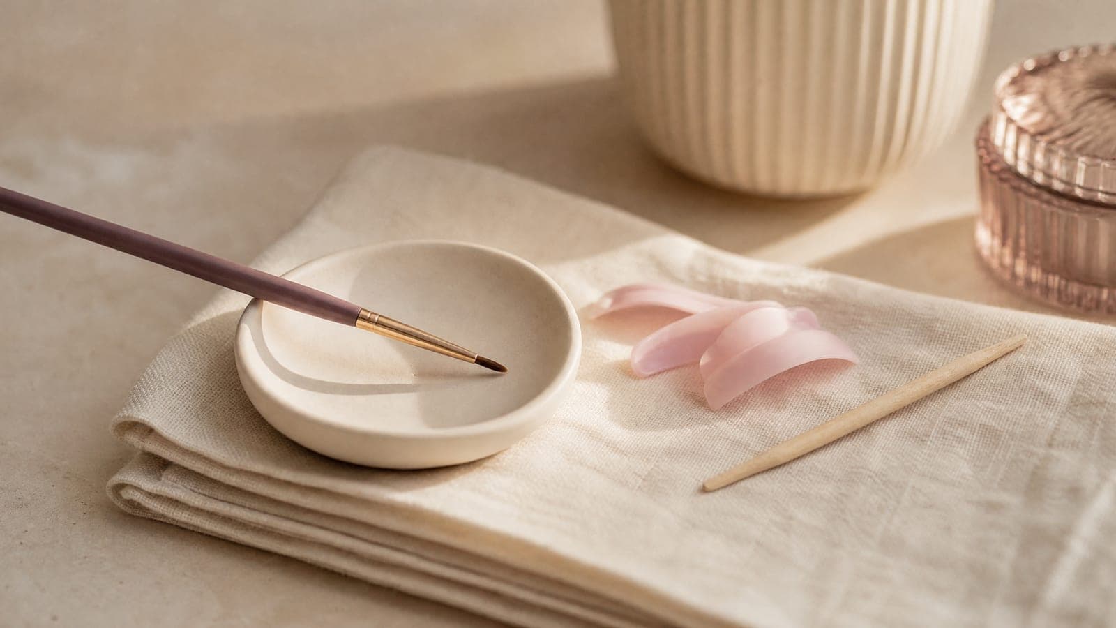 A small ceramic tint dish with a fine brush, lash-lift shields and a wooden applicator on cream linen