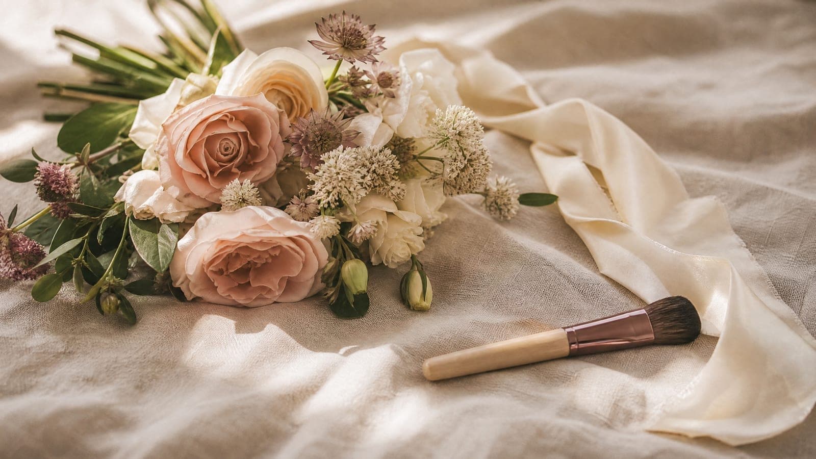 A folded cream ribbon and a soft brush beside a small bouquet on linen