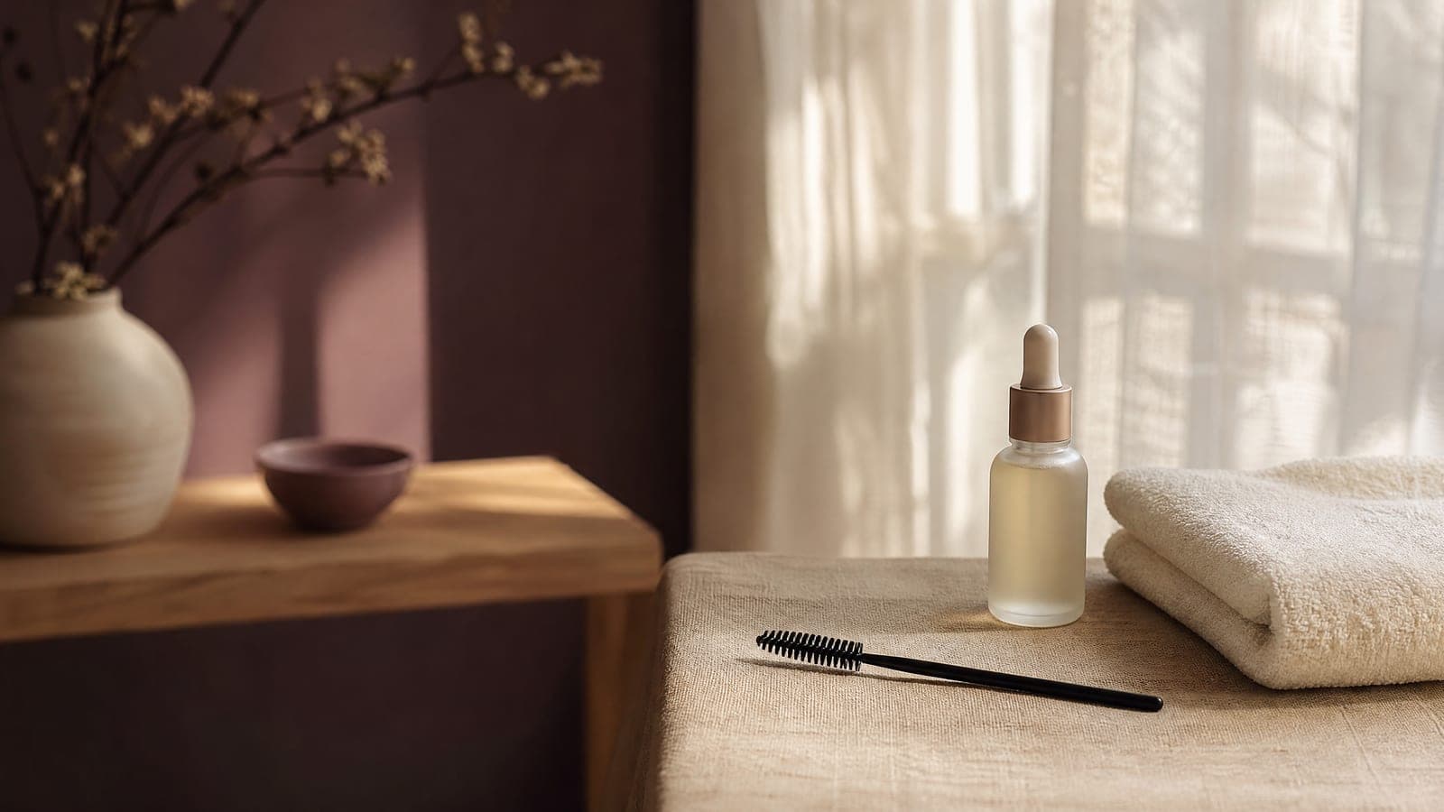 A soft spoolie brush and a folded cream towel on a warm sand surface