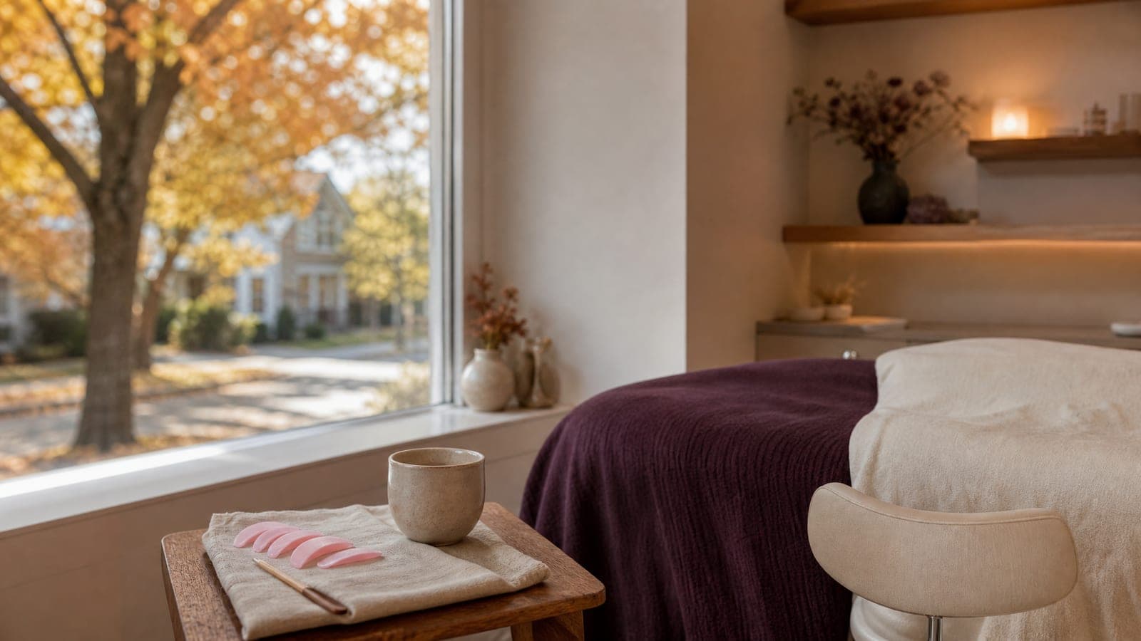 A calm lash studio corner by a window, lash-lift shields on a side table