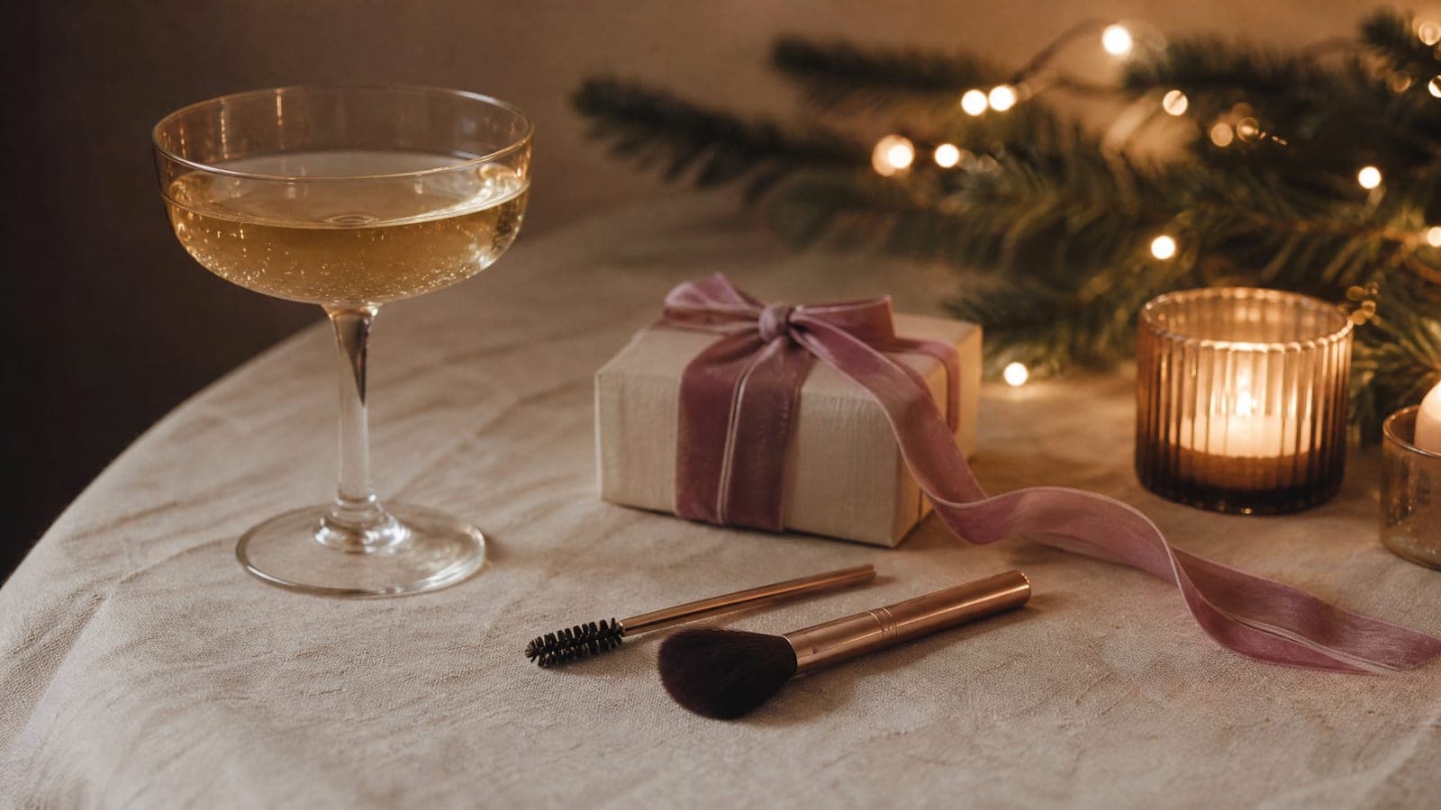 A champagne coupe, a small wrapped gift with a mauve ribbon and a spoolie brush on cream linen, string lights glowing behind