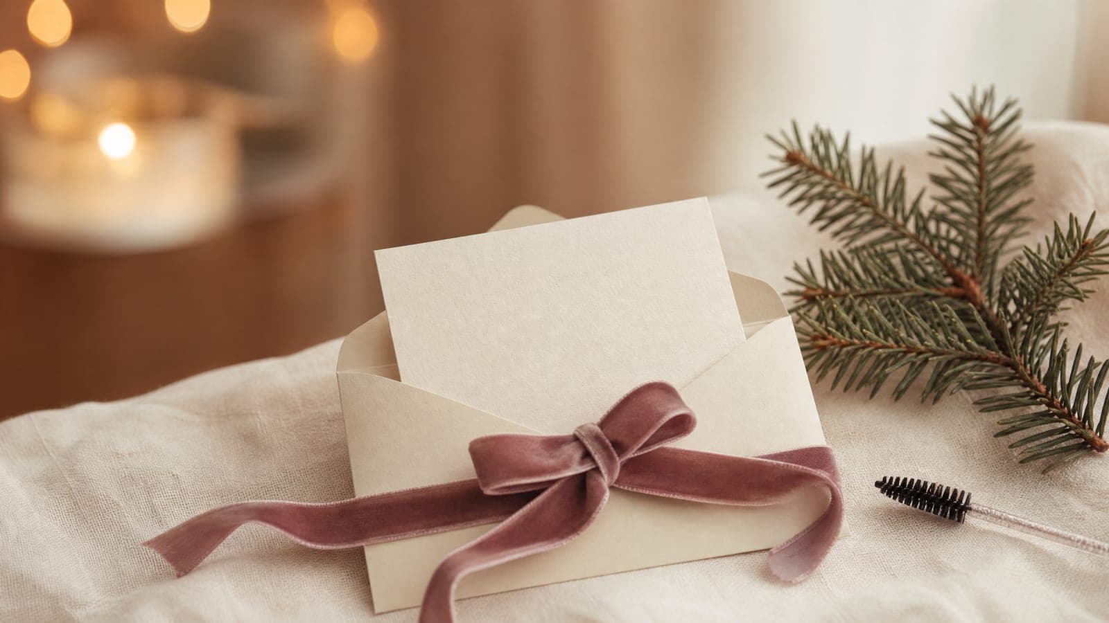 A blank cream gift card in an envelope with a mauve ribbon, a sprig of evergreen and a spoolie brush on linen