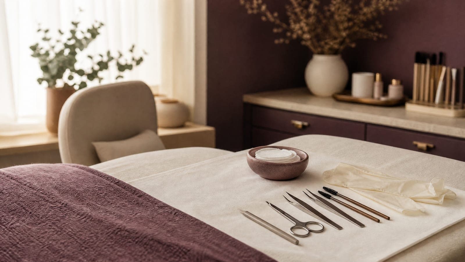 Clean, orderly lash and brow tools on a cream cloth in daylight