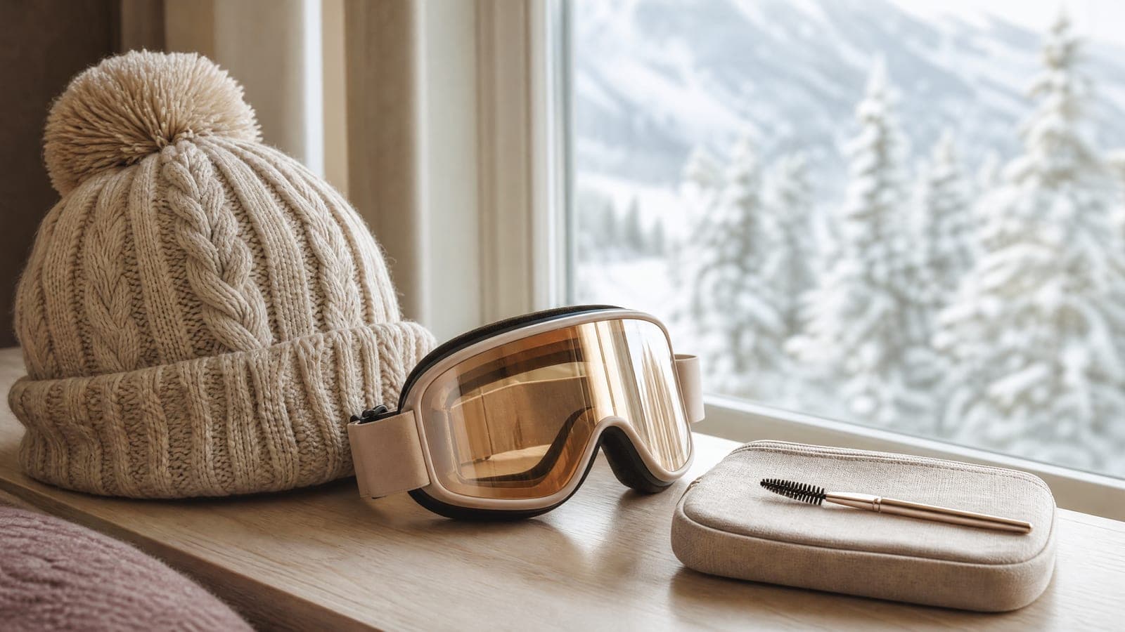 A cream knit toque, ski goggles and a small linen pouch with a spoolie brush on a bench by a window onto snowy mountains