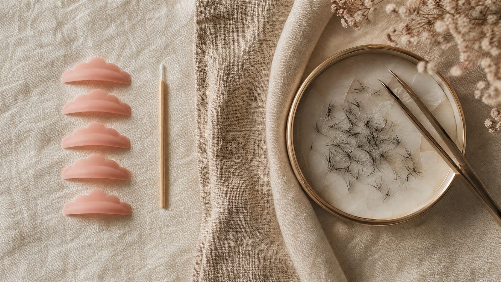 Lash lift tools laid out on cream linen beside a soft towel