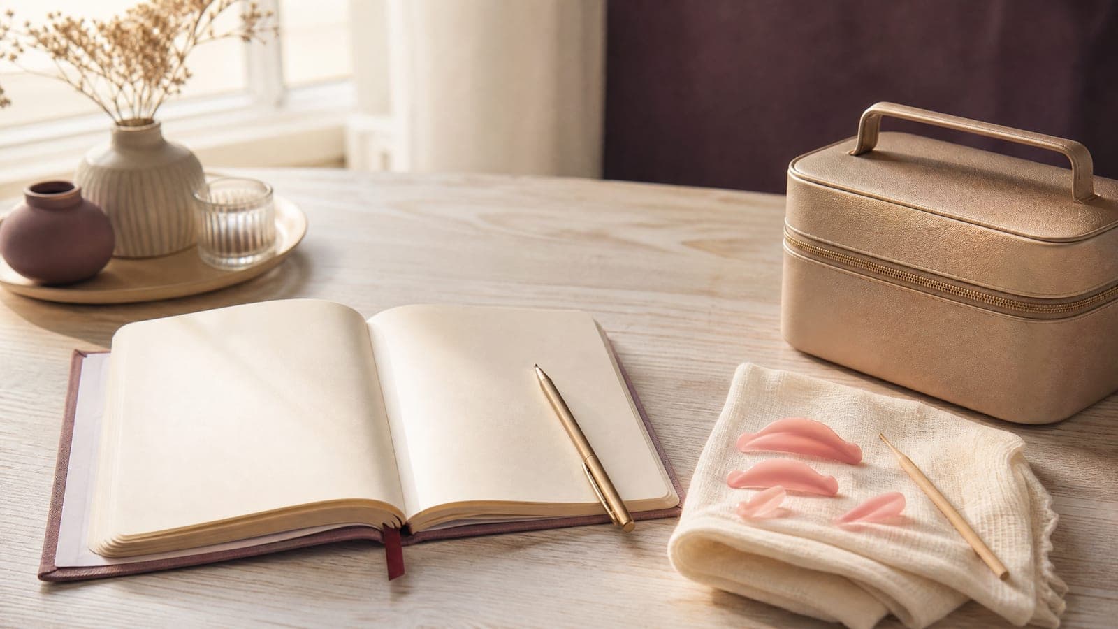 An open blank planner, a small professional kit case and lash-lift shields on a wooden table in bright winter morning light