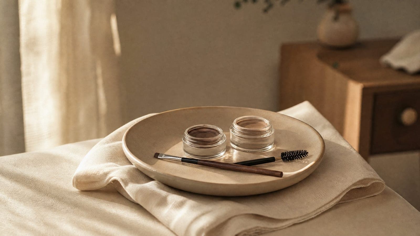 A fine brow brush and small product pots on a warm neutral surface