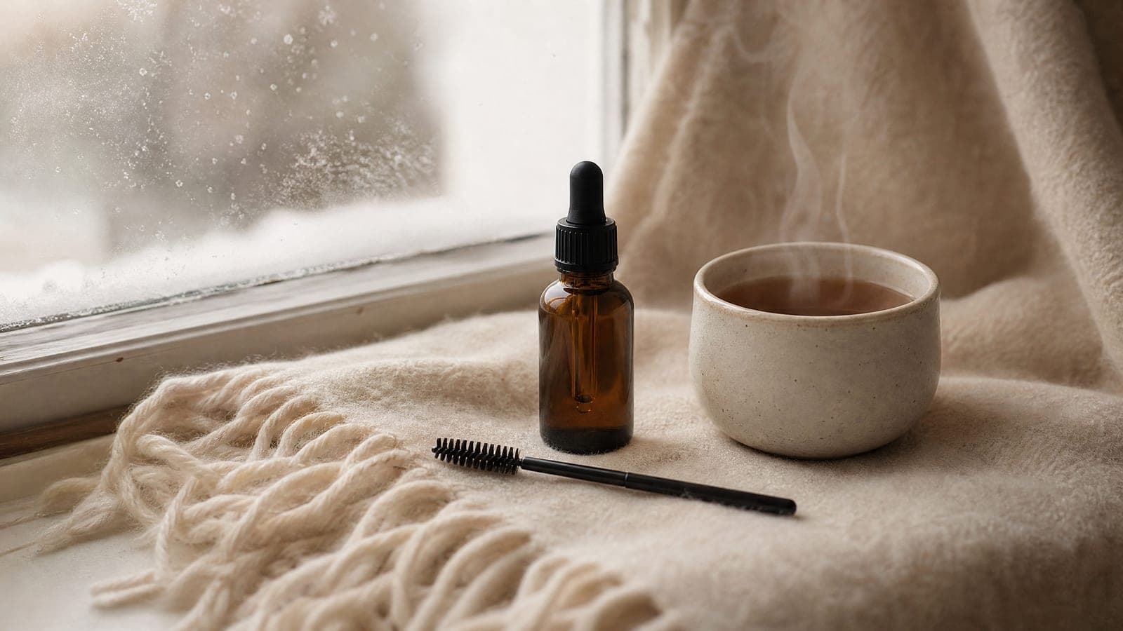 A small amber dropper bottle, a spoolie brush and a cup of tea on a wool throw beside a frosted window