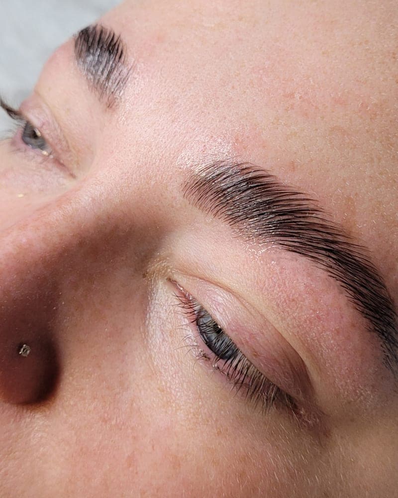 A precisely shaped and waxed brow, close up