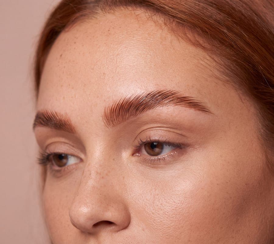 A close-up of a full, brushed-up laminated brow