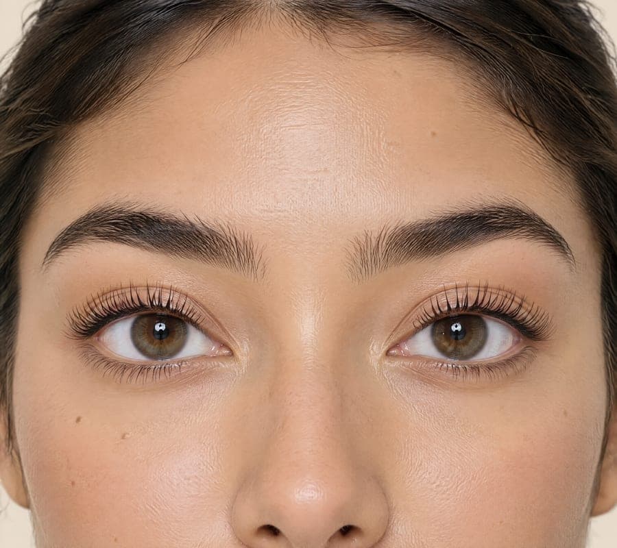A close-up of lifted, curled natural lashes